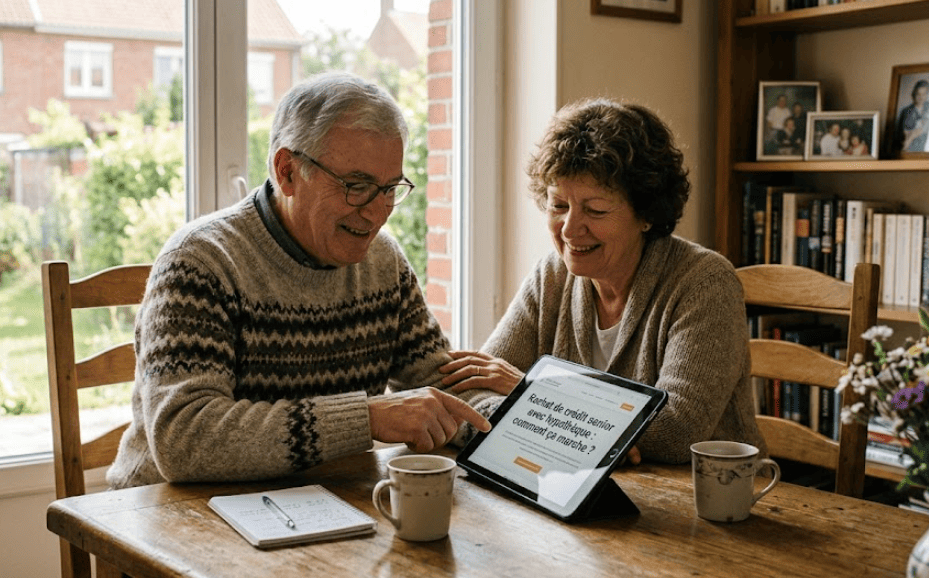 Couple senior installé à leur table, étudiant une solution de rachat de crédit avec hypothèque
