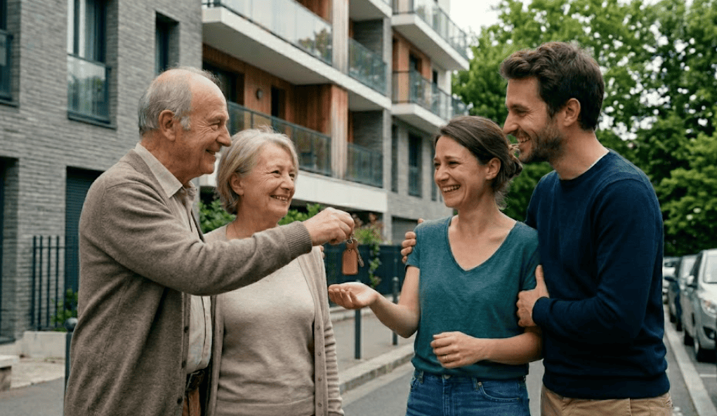 Un couple de seniors remet joyeusement des clés de maison à un jeune couple devant un immeuble moderne, illustrant un financement pour aider ses enfants via un prêt hypothécaire de trésorerie.