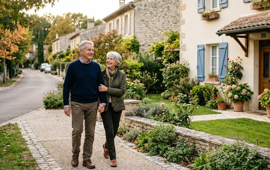 Couple de retraité se ballade dans la rue. Ils ont l'air serein et heureux.