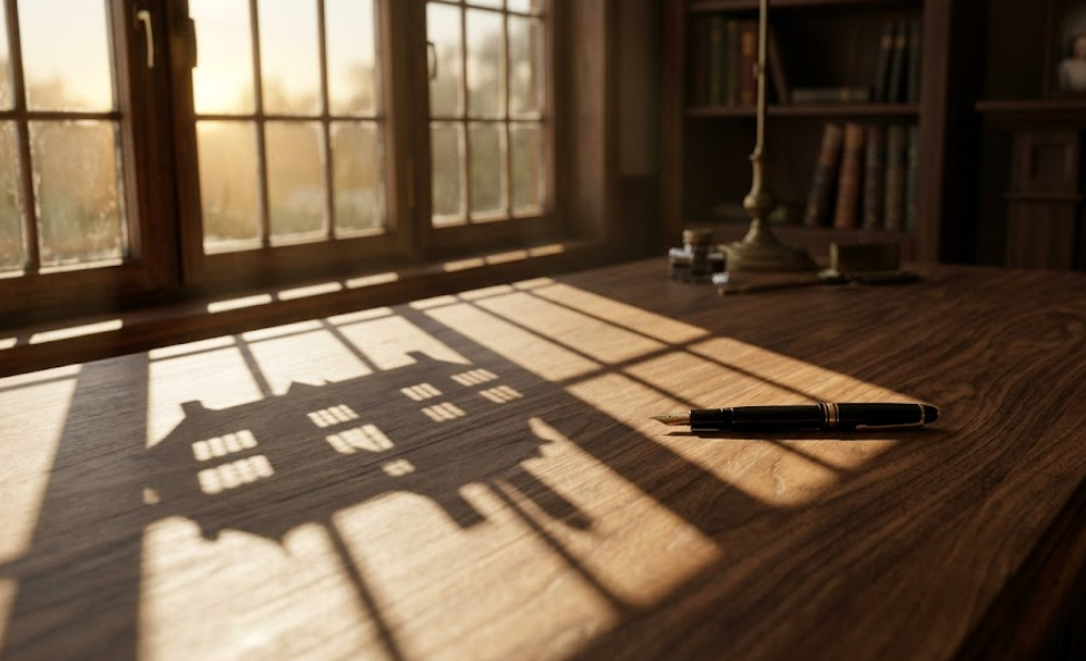 Un stylo-plume noir et or repose sur un bureau en bois d'acajou, baigné par la lumière du soleil couchant qui traverse une fenêtre à petits carreaux. L'ombre de la fenêtre, projetée sur le bureau, évoque la silhouette d'une demeure familiale. L'arrière-plan, flou, laisse entrevoir une bibliothèque et un portrait de famille, créant une atmosphère de calme et de sérénité.