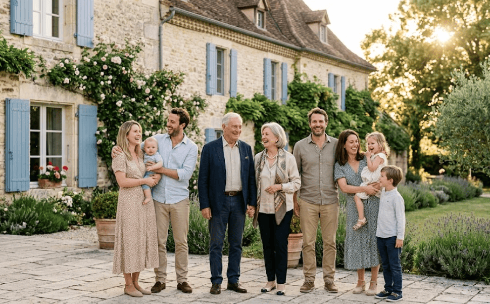 Photo de famille, couple retraités avec leurs deux enfants et leurs familles. ils sont heureux après une donation familiale grâce à leur patrimoine immobilier.
