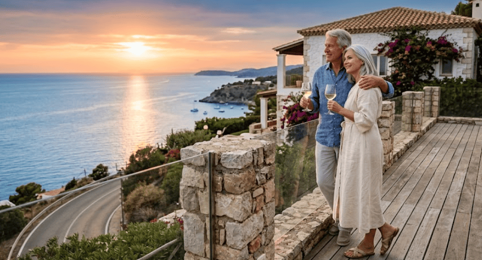 Couple senior admirant le coucher de soleil depuis la terrasse de leur nouvelle résidence secondaire grâce au prêt hypothécaire, avec vue panoramique sur la mer.