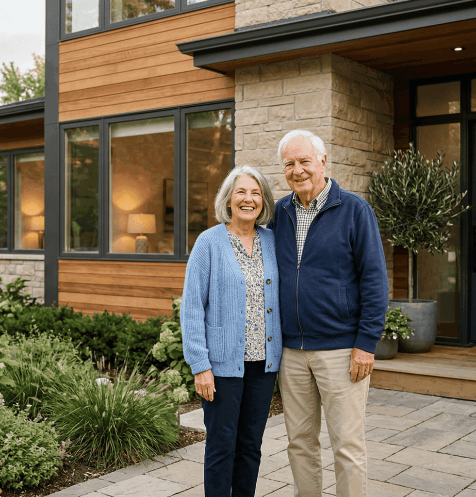 Une photographie montrant un couple de personnes âgées souriant chaleureusement et se tenant debout l'un à côté de l'autre à l'extérieur de leur maison moderne en banlieue.