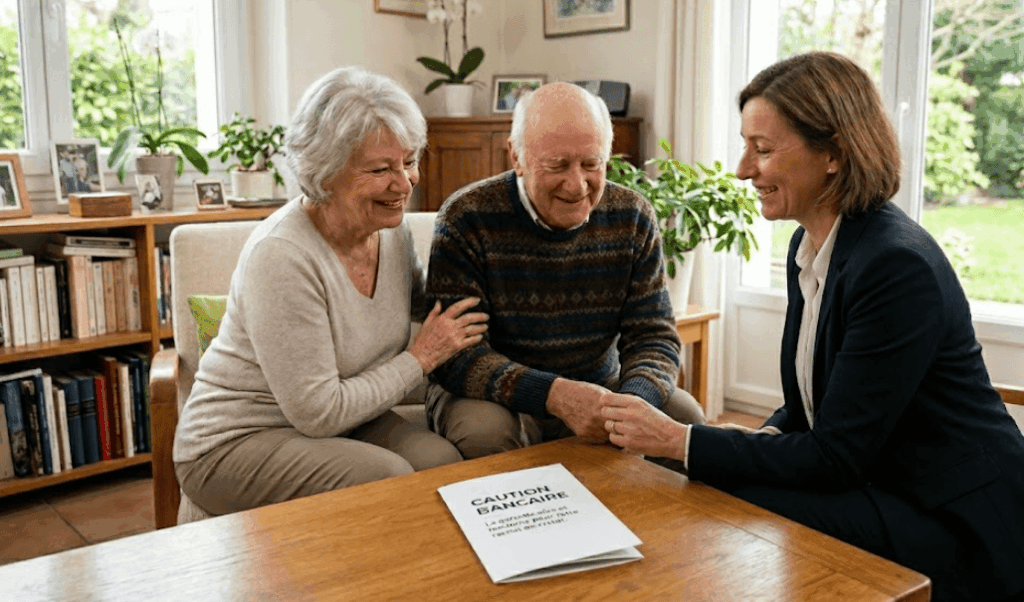 Un couple de seniors souriants discute sereinement avec une conseillère dans leur salon, illustrant le rachat de crédit avec caution bancaire comme alternative à l'hypothèque pour sécuriser leur patrimoine.