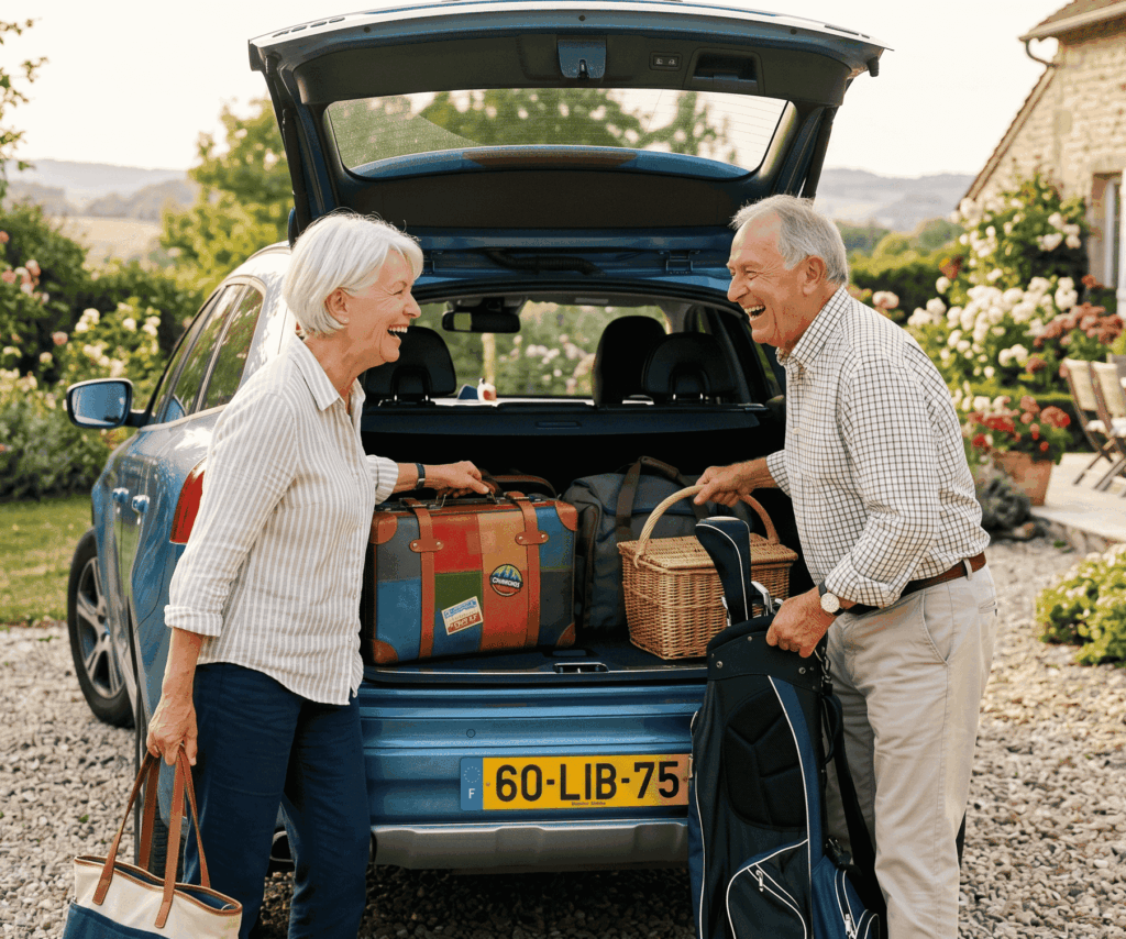un couple de seniors, rayonnants de joie, chargeant leur voiture pour un grand départ, symbolisant la liberté financière retrouvée grâce au rachat de crédit.