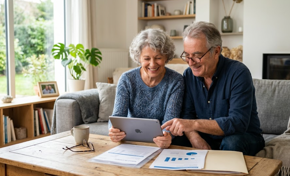 couple senior installé dans leur canapé. Ils étudient une proposition de rachat de crédit après la retraite en prenant en compte leurs nouveaux revenus comme l'indiquent les graphiques posés sur la table basse.