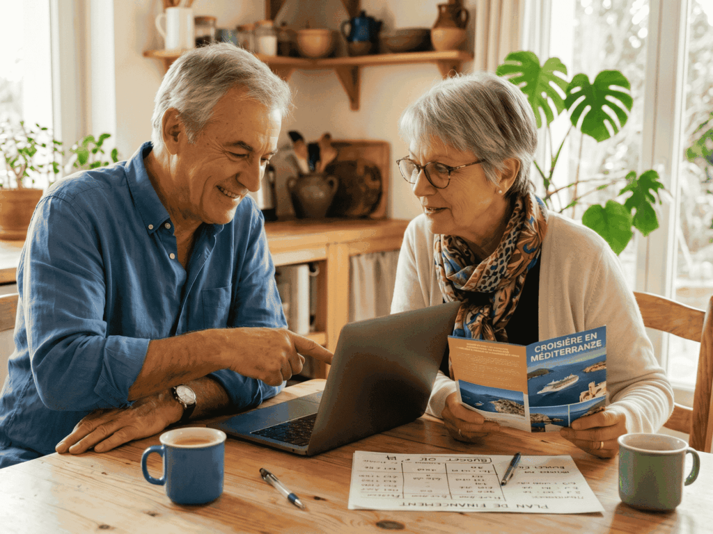 Un couple de seniors souriants assis à une table en bois dans une cuisine lumineuse, planifiant une croisière en Méditerranée. L'homme pointe du doigt l'écran d'un ordinateur portable vers un simulateur rachat de crédit.