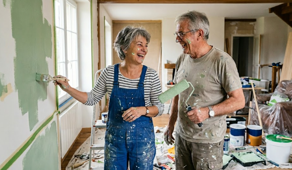 Un couple de retraités heureux, riant aux éclats pendant qu'ils rénovent leur maison ensemble. La femme, portant une salopette en denim tachée de peinture, utilise un pinceau pour appliquer de la peinture verte sur un mur partiellement peint. L'homme, avec des lunettes et des taches de peinture sur le visage, tient un rouleau à peinture. Ils se tiennent sur un sol jonché de fournitures de peinture, y compris des boîtes et des seaux, dans un salon spacieux et lumineux avec des poutres en bois exposées.