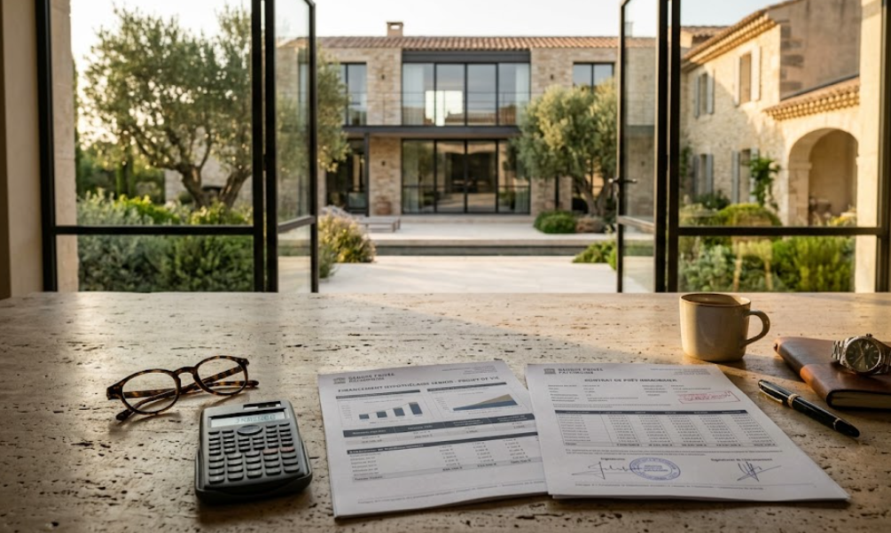 Vu d'un bureau sur lequel est posé un contrat de prêt hypothécaire, des lunette et une calculatrice.
