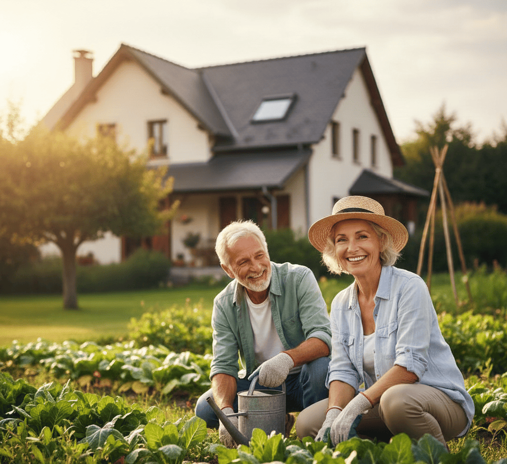 Un couple senior heureux et actif, souriant alors qu'ils jardinent devant leur jolie maison. Ils peuvent continuer à vivre dans leur maison tout en ayant financé leur projet avec un prêt viager hypothécaire.
