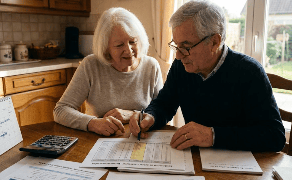 Couple senior faisant des calculs pour leur rachat de crédit avec pension de reversion