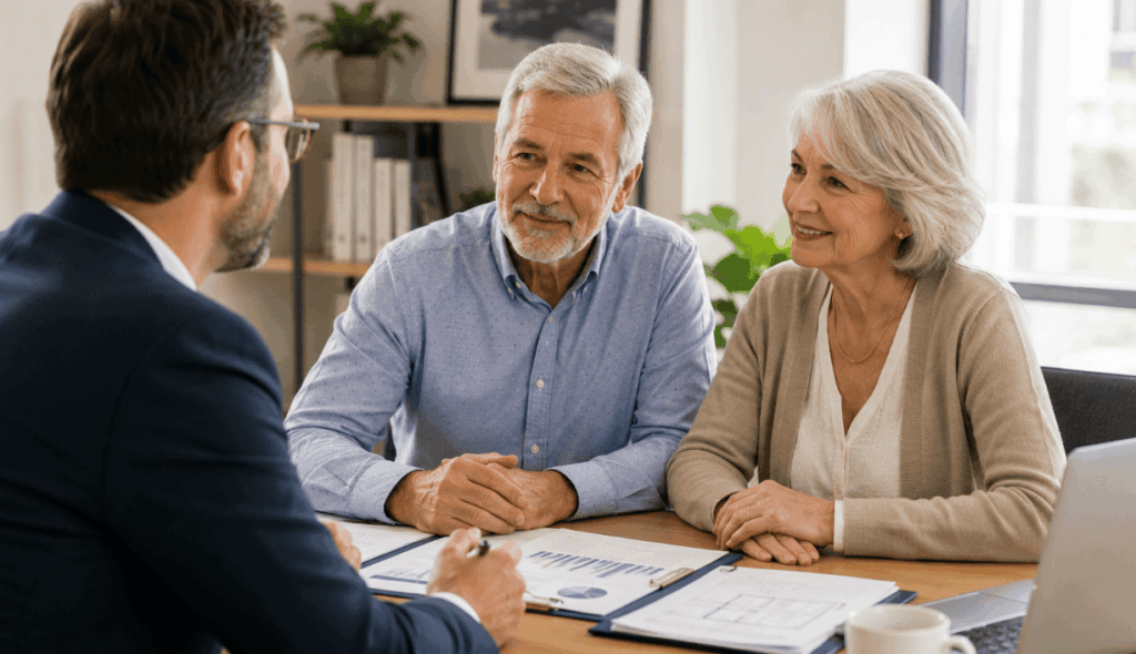 Couple senior en rendez vous avec un conseiller financier pour connaitre l'age de fin dans un rachat de crédit.