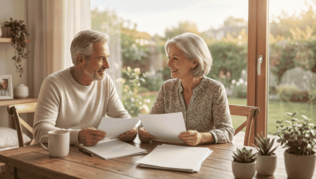 Couple senior assis à leur table de salon. Ils étudient une proposition de prêt hypothécaire pour financer un investissement sans apport.