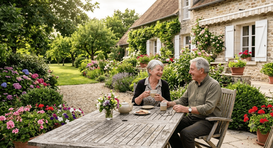 Un couple de retraités souriant est assis à une table en bois dans leur jardin arrière, dégustant du thé et des biscuits. Derrière eux se trouve une maison en pierre traditionnelle avec des volets blancs et une pergola couverte de glycines. Le jardin est luxuriant et fleuri, avec des hortensias, des lavandes, des géraniums et d'autres plantes en fleurs.