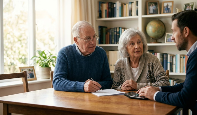 Couple senior en rendez vous avec un conseille pour le rachat de leur crédits renouvelables dans le cadre d'un rachat de crédit senior.