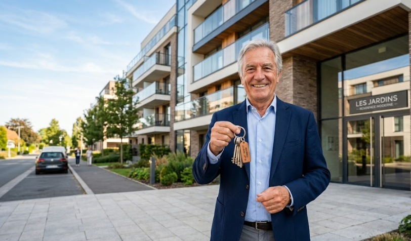 Une photographie de style immobilier professionnel montre un homme âgé aux cheveux gris, vêtu d'un blazer bleu marine et d'une chemise bleu clair, debout devant un immeuble résidentiel moderne en briques et en bois. Il sourit chaleureusement et tient un trousseau de clés attaché à un porte-clés en cuir.