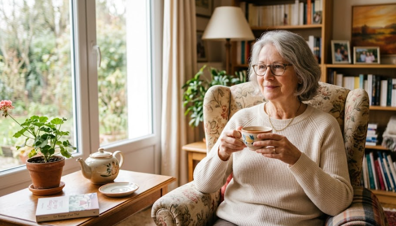 Une femme âgée sereine, aux cheveux gris et portant des lunettes, est assise dans un fauteuil à motifs fleuris dans son salon lumineux. Elle tient une tasse de thé à deux mains, un doux sourire aux lèvres et le regard apaisé tourné vers la gauche.