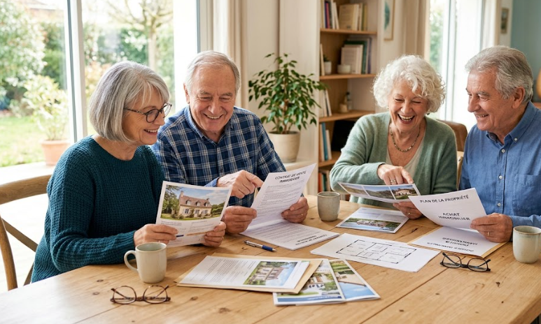 deux couples de seniors assis joyeusement autour d'une table en bois clair. Ils examinent ensemble des documents immobiliers avec des sourires chaleureux. La table est couverte de plans, de brochures et de tasses de café. Les tons doux de bleu et de vert dominent leurs vêtements et l'arrière-plan, tandis que la lumière naturelle inonde la pièce depuis de grandes baies vitrées donnant sur un jardin verdoyant. L'ambiance est conviviale et collaborative.