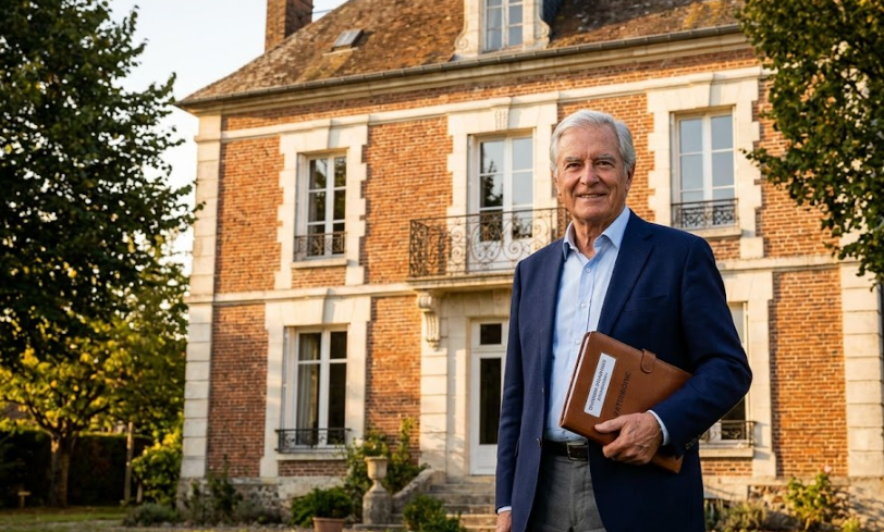 Propriétaire senior élégant devant une maison de caractère, tenant un dossier de documents financiers, fin d'après-midi, lumière dorée